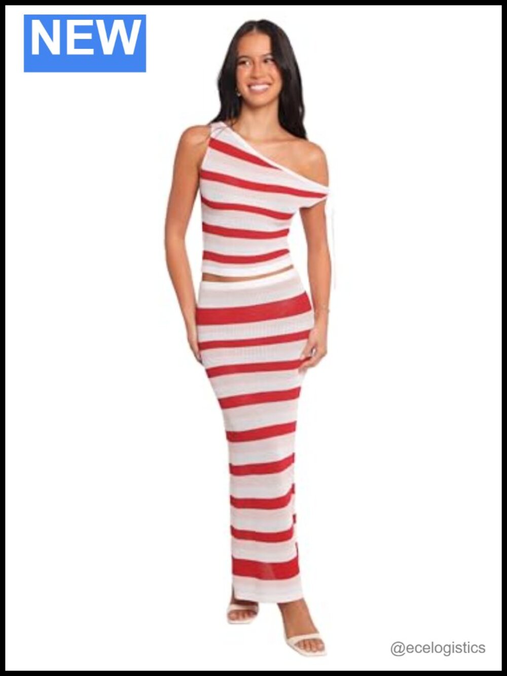 Midi Length Knit Skirt High Rise Striped Pull On